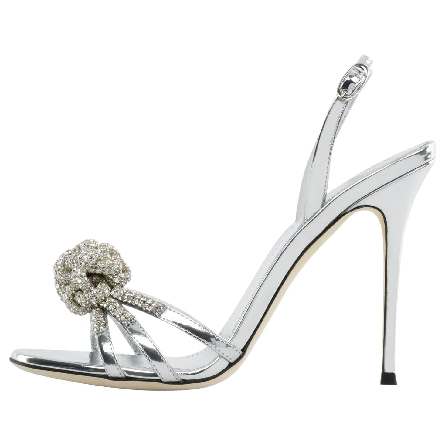 Giuseppe Zanotti NEW Silver Patent Leather Crystal Sandals Heels in Box
