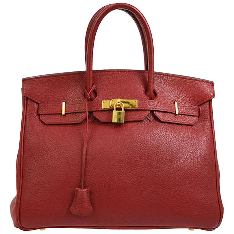 Hermes Birkin 35 Red Leather Gold Top Handle Satchel Travel Bag