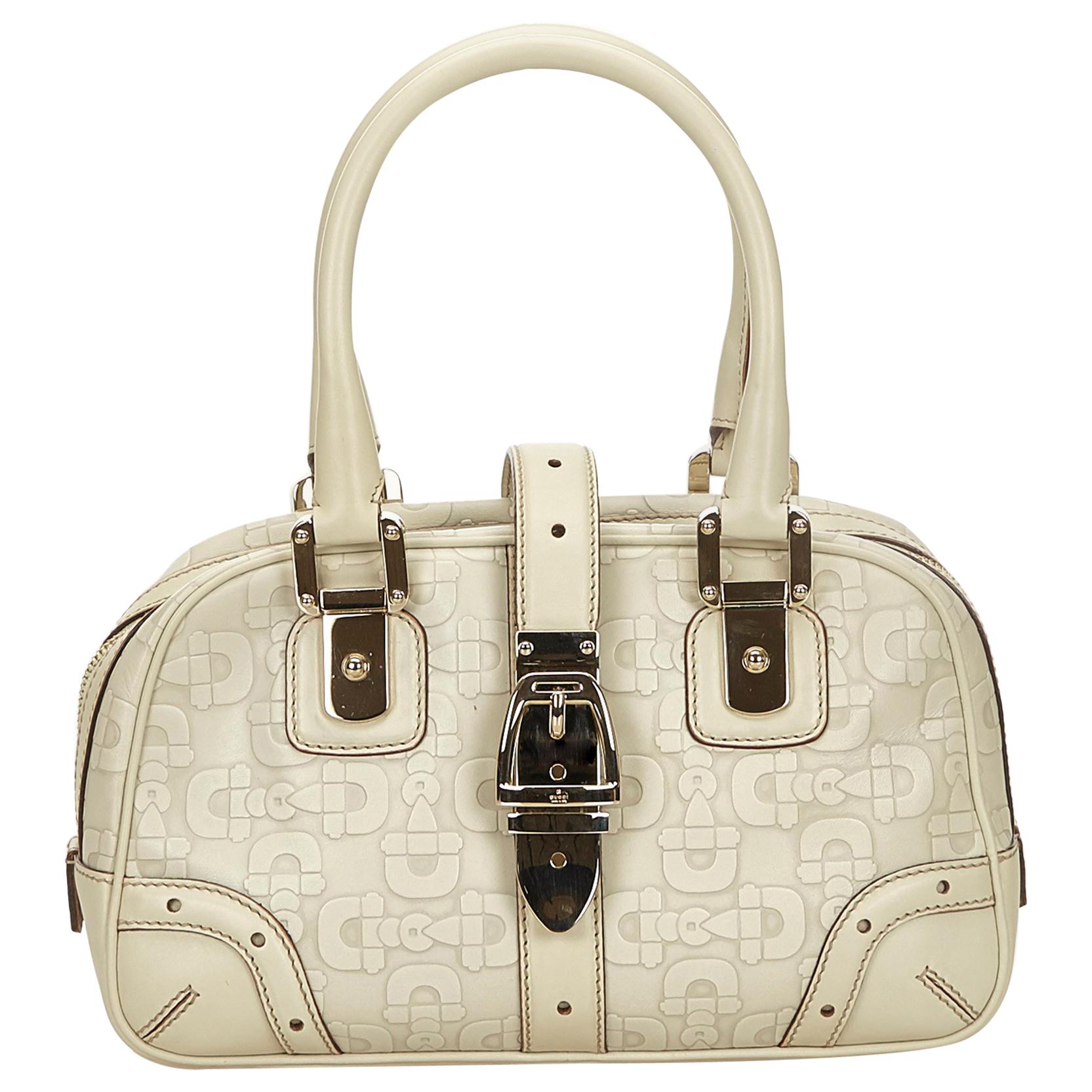 Gucci White Leather Horsebit Handbag For Sale