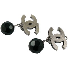 Chanel Classic Ruthenium CC Black Bead Dangling Earrings