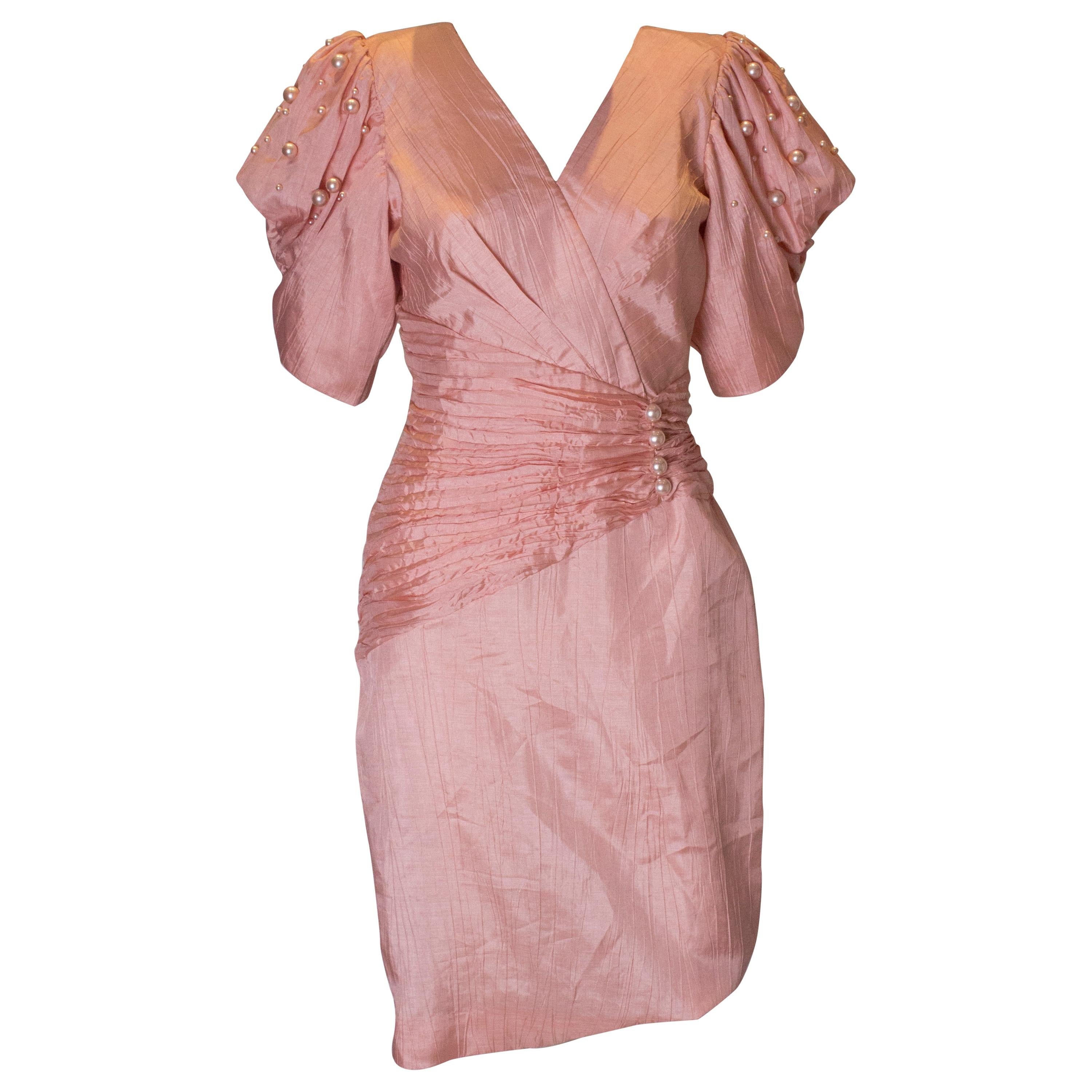 1980s Cocktail Dress in Powder Pink with Pearl Decoration. For Sale