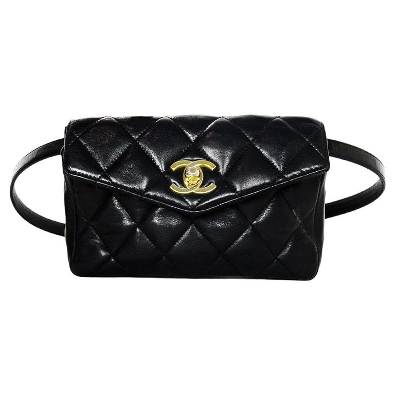 Chanel Vintage Black Lambskin Leather Quilted Belt Bag W/ Patent Belt