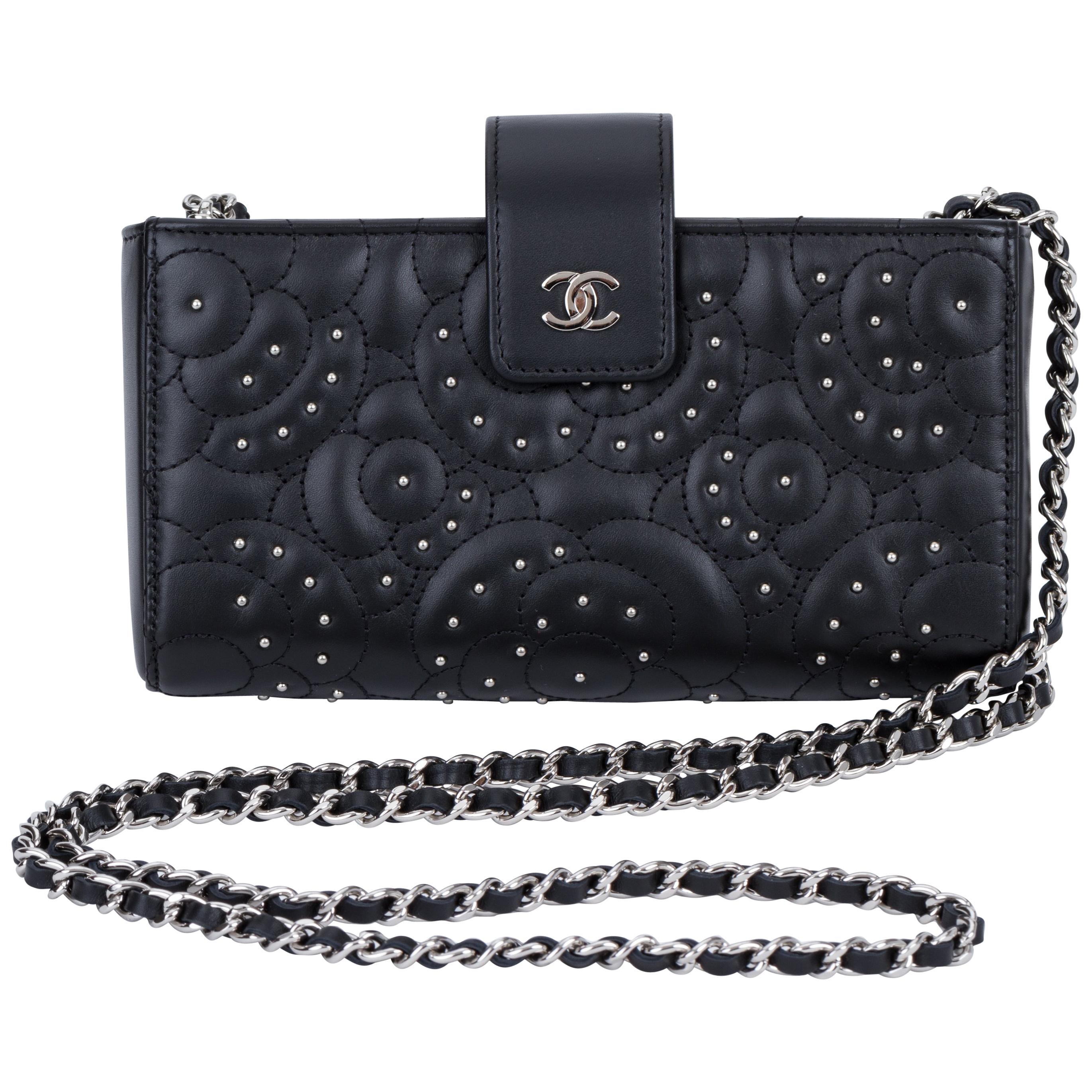 New Chanel Black Camellia Stud Crossbody Bag
