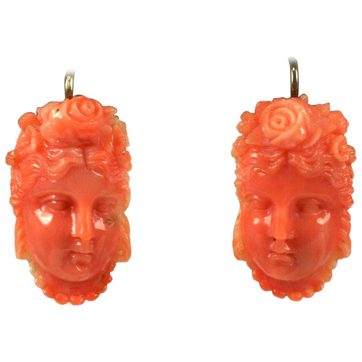 Victorian Carved Coral Maiden Head Earrings For Sale