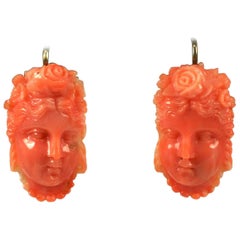 Victorian Carved Coral Maiden Head Earrings