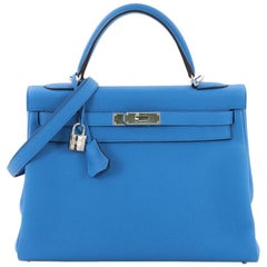 Hermes Kelly Handbag Blue Zanzibar Togo with Palladium Hardware 32