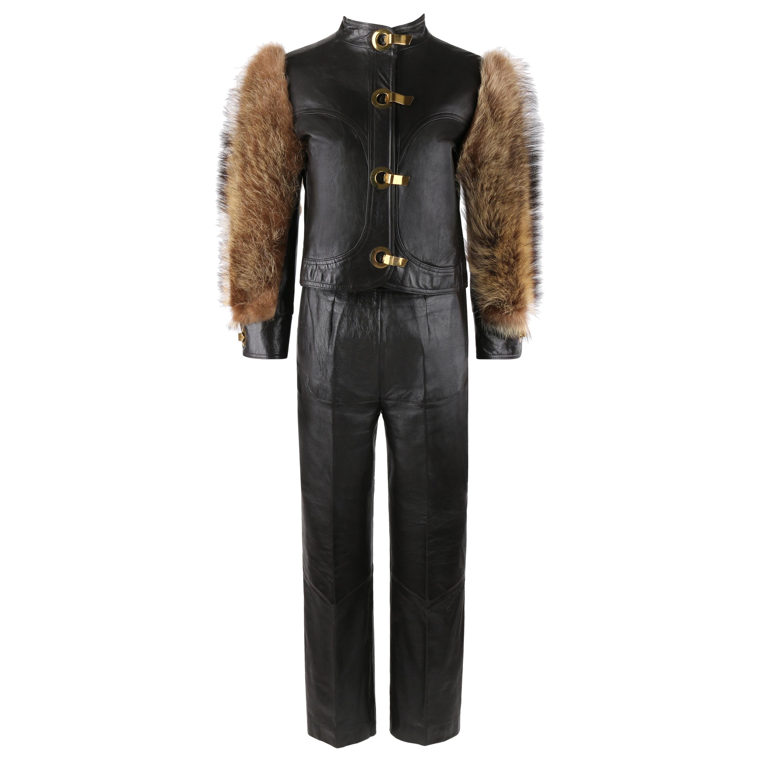 c.1970's 2 Piece Brown Leather Raccoon Fur Sleeve Jacket Pants Suit Set For Sale