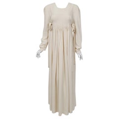 Vintage 1970 Ossie Clark Couture Ivory Pleated Crepe Empire Ties Long-Sleeve Maxi Dress