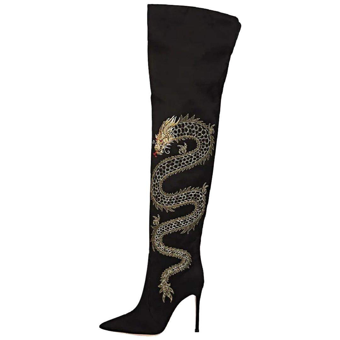 Nuovo GIANVITO ROSSI Ricamato Drago Cuissard Stivali sopra il ginocchio It. 35.5 - 5.5 in vendita