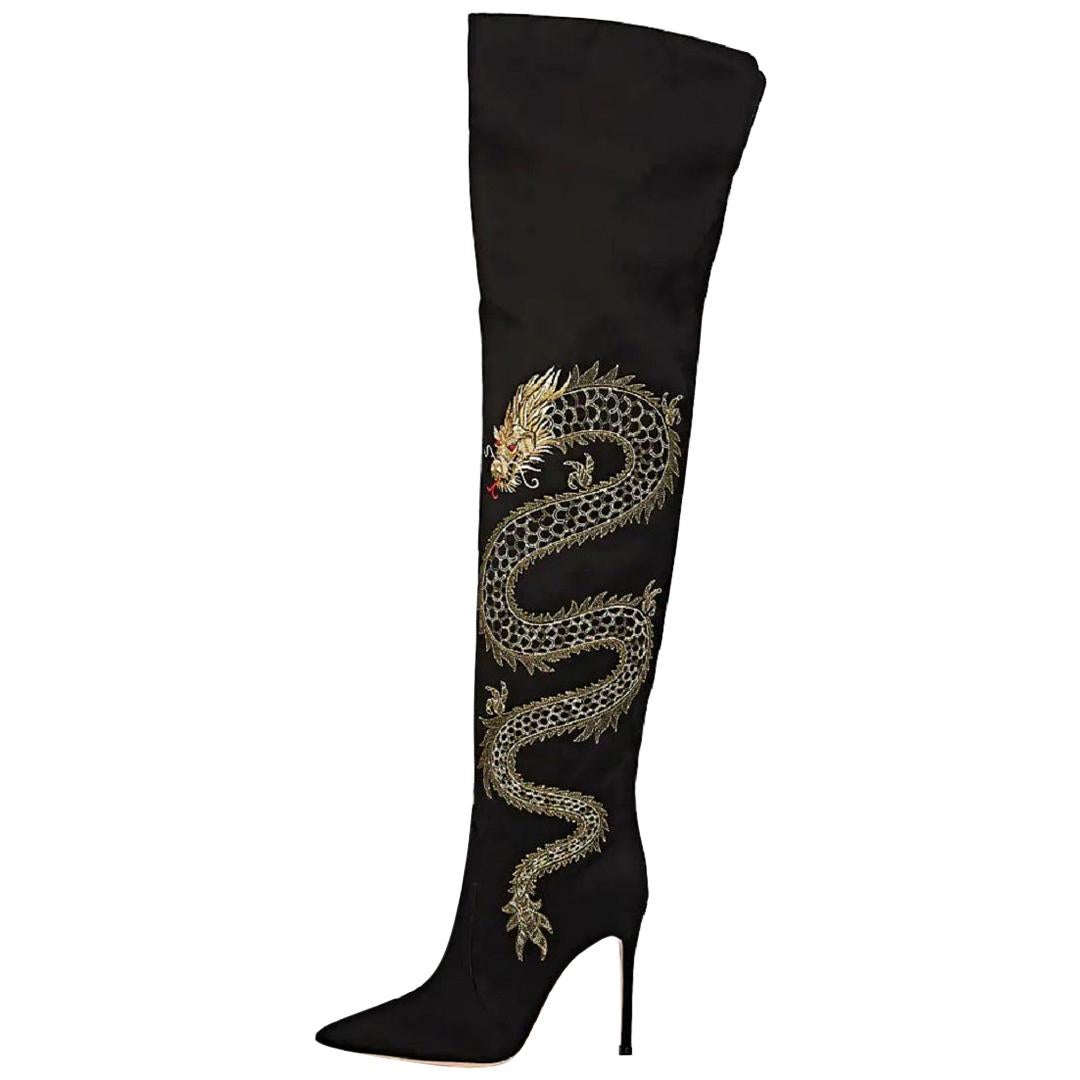 New GIANVITO ROSSI Embroidered Dragon Cuissard Over Knee Boots It. 35.5 - 5.5 For Sale