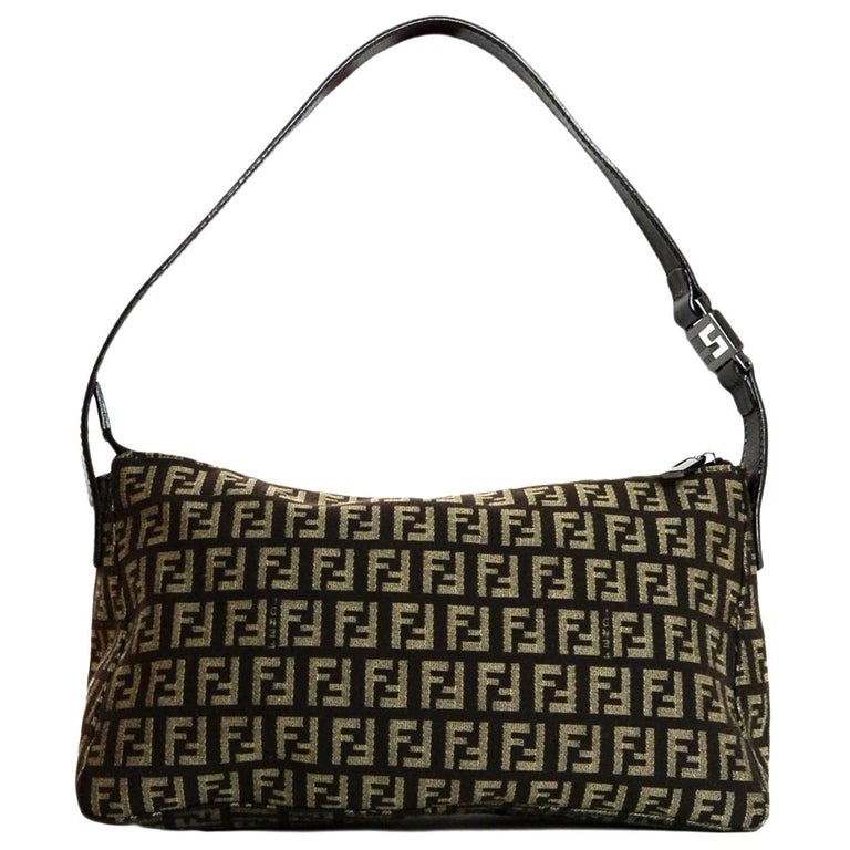 Fendi Dark Brown Canvas Zucca Monogram Zip Top Pochette Bag For Sale at ...