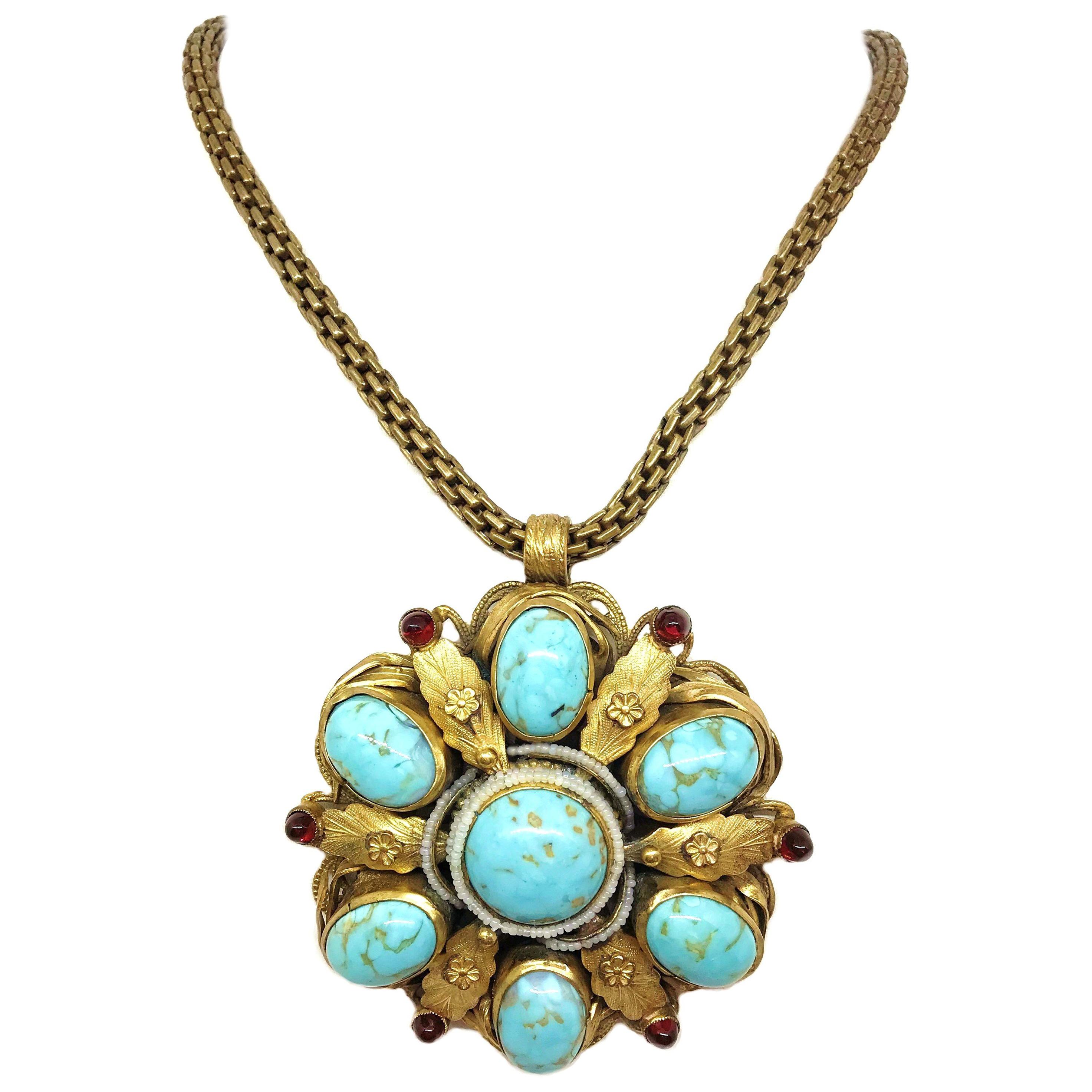 Circa 1940s Ernest Steiner Blue and Gold Jeweled Pendant Necklace  For Sale