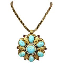 Circa 1940s Ernest Steiner Blue and Gold Jeweled Pendant Necklace 