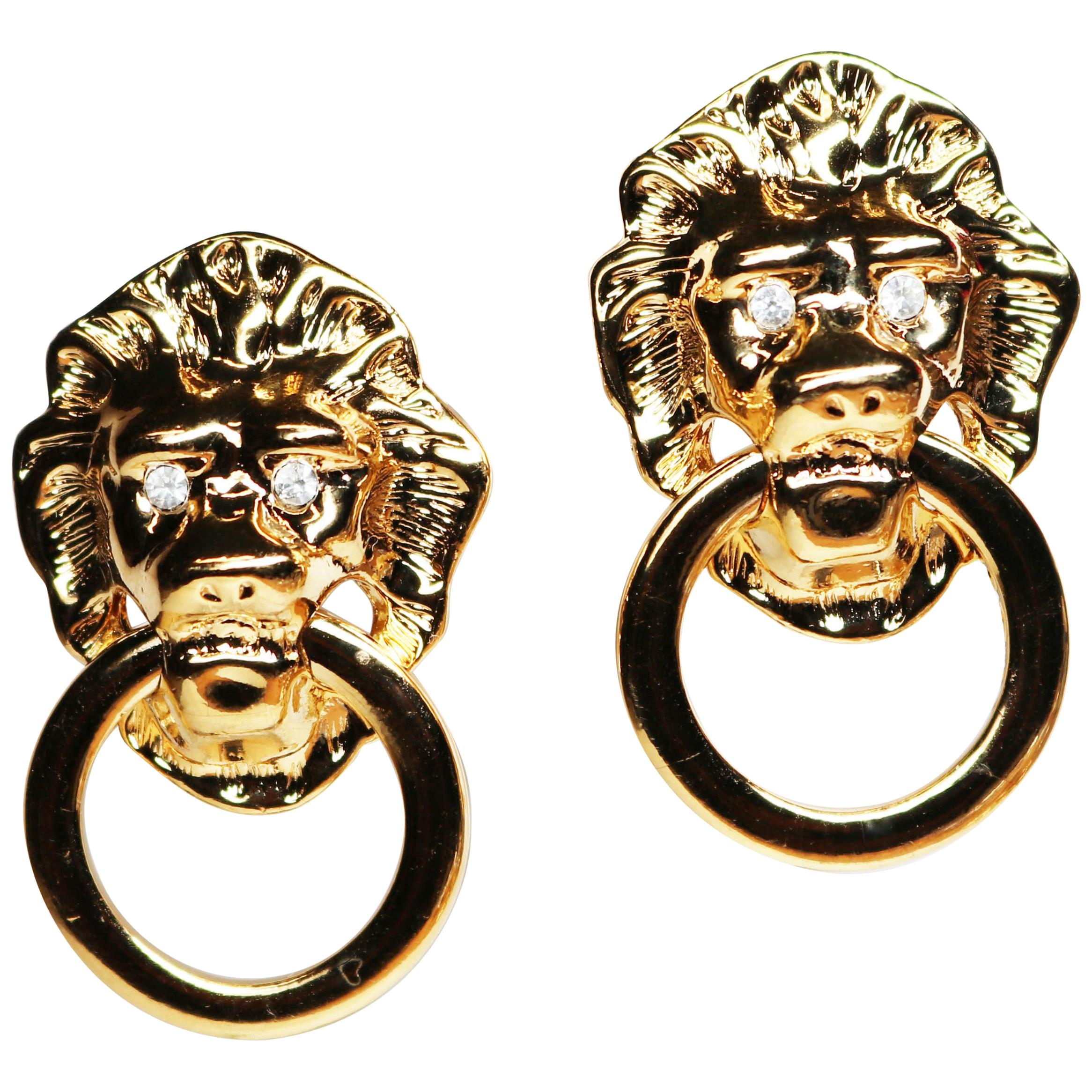 Kenneth Jay Lane Lion's Head Doorknocker Earrings For Sale