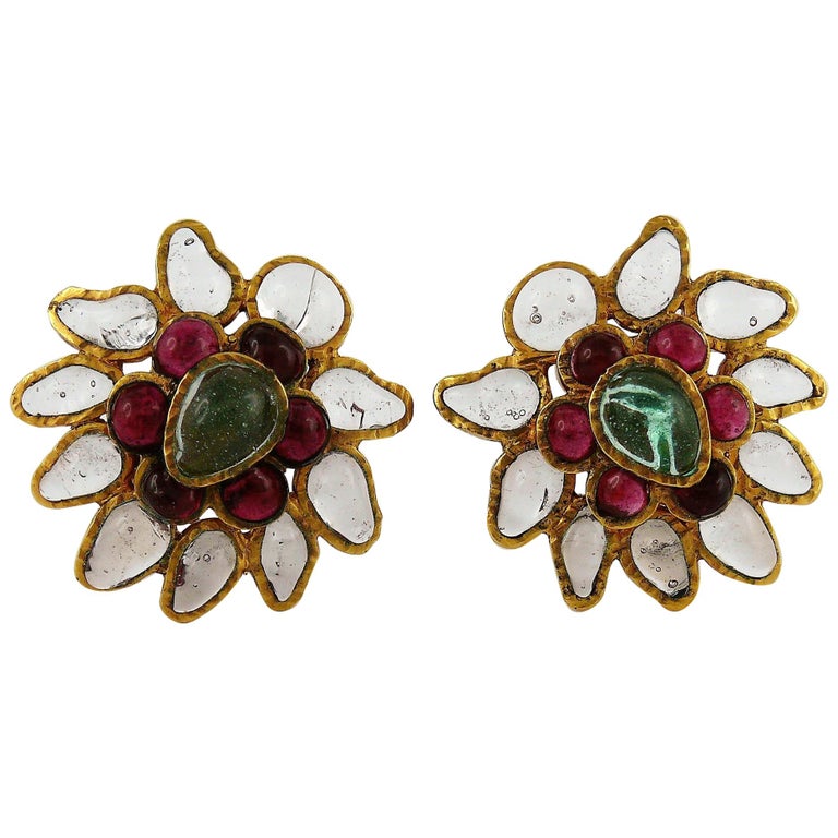 Chanel Vintage Gripoix Multicolor Poured Glass Clip On Earrings at ...
