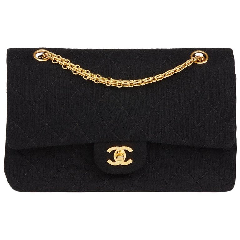 Black Jersey Quilted Medium Double Flap Bag Gold Hardware, 1989-91, Handbags and Accessories, 2022