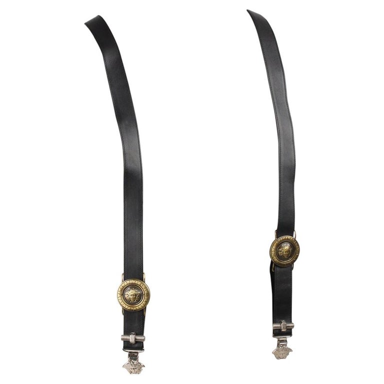 Gianni Versace Rare Vintage Black Leather Medusa Suspenders Braces For