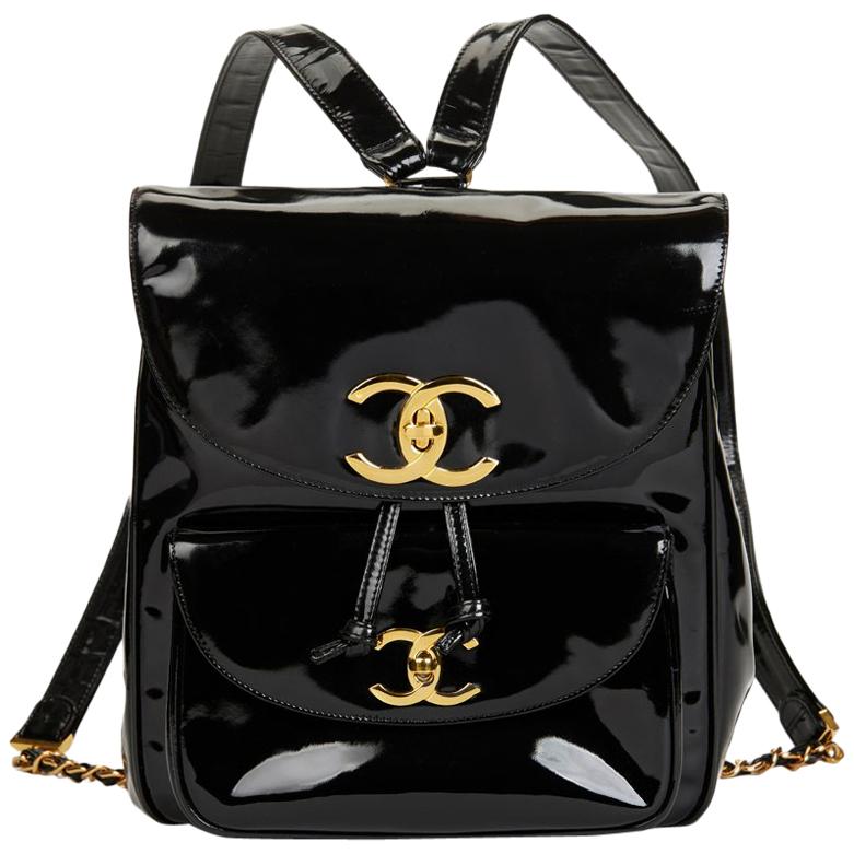 Chanel Black Patent Leather Vintage Classic Timeless Backpack at