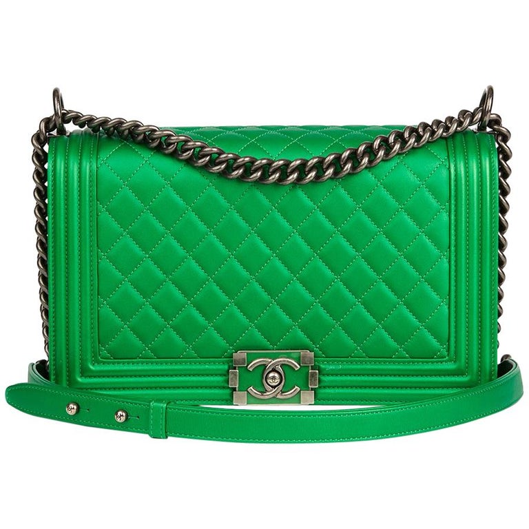2015 Chanel Green Quilted Metallic Lambskin New Medium Le Boy at
