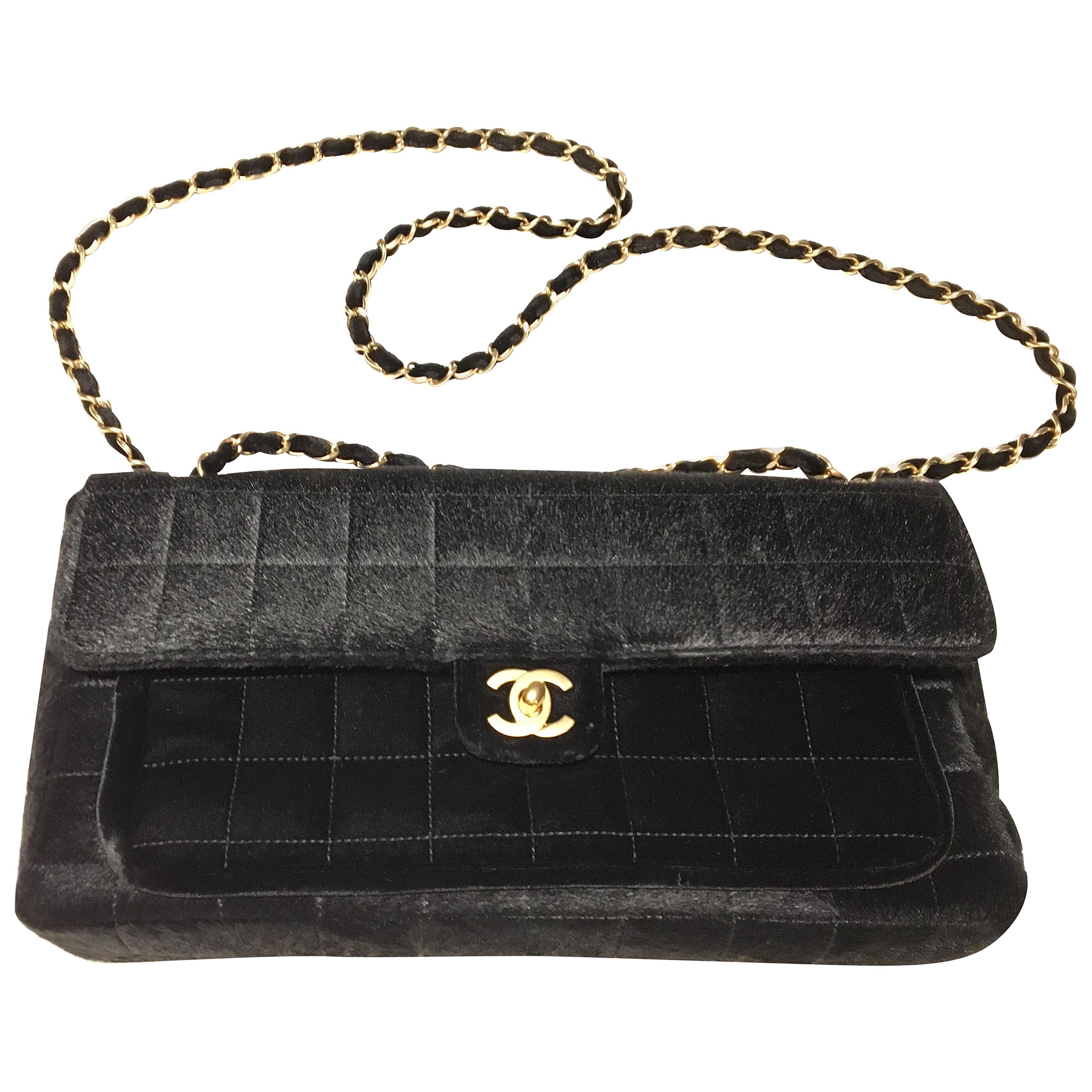 Chanel 2002 Velvet and Calfskin Poney Style Leather Black Crossbody Bag