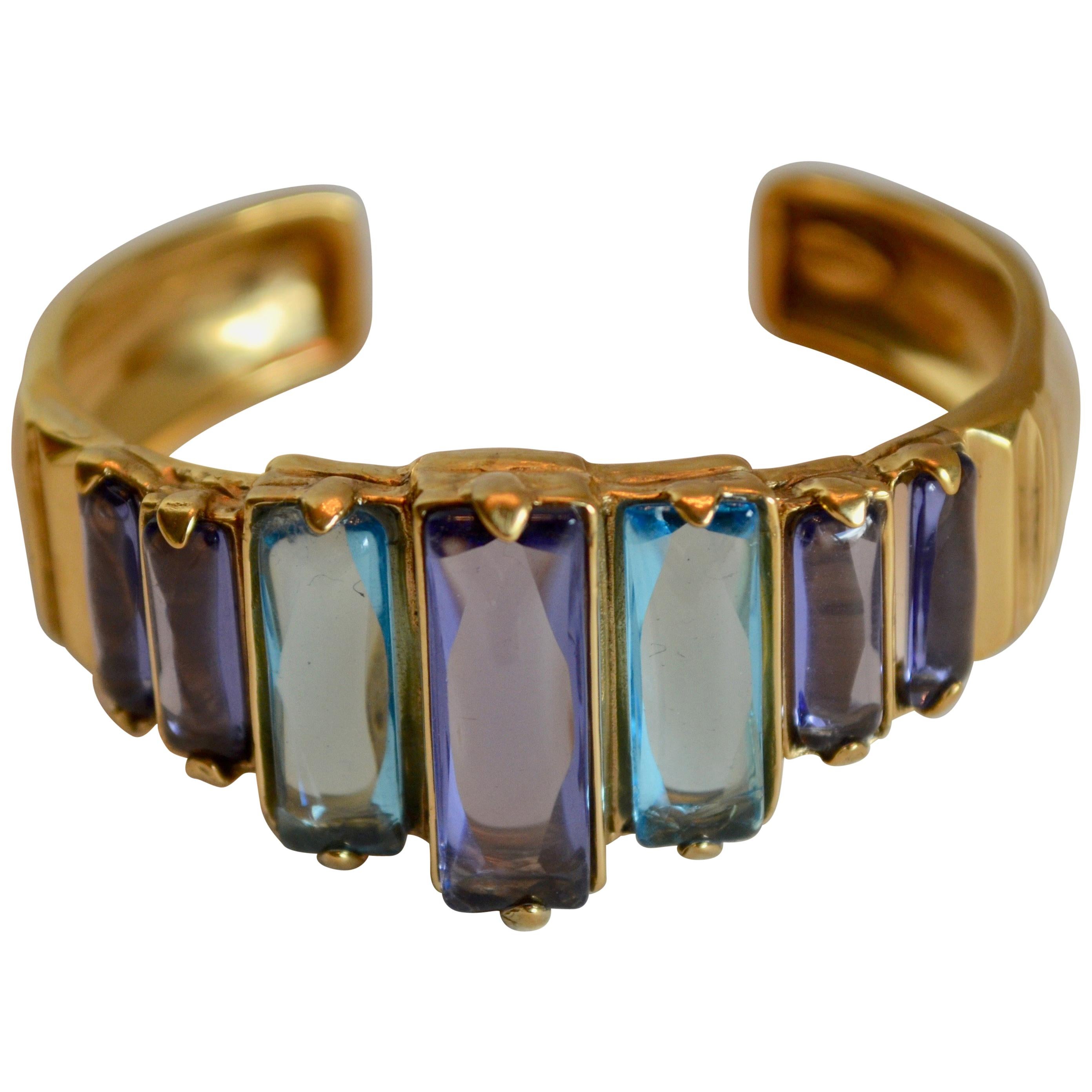 Goossens Paris Tinted Blue Rock Crystal and Gold Cuff 