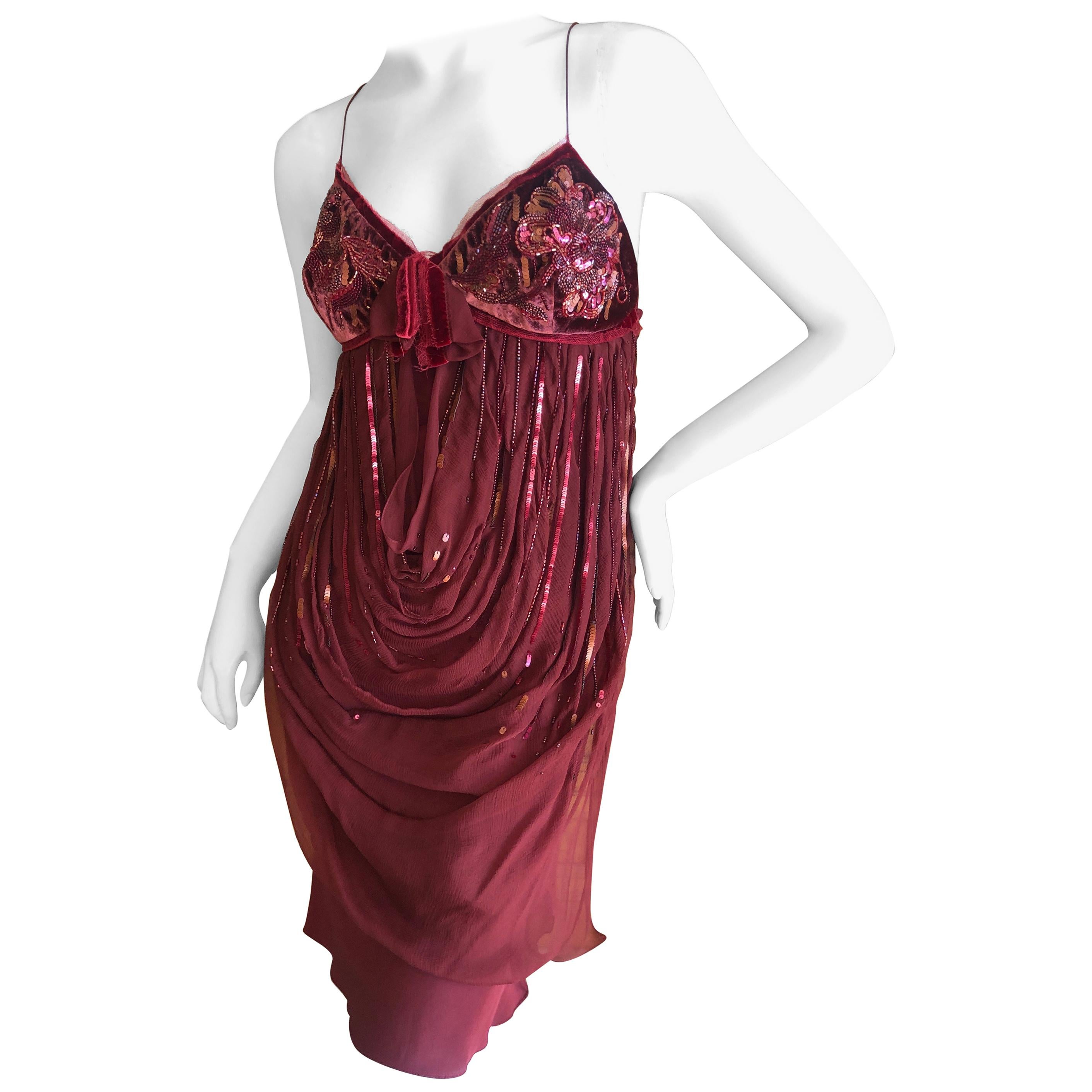 Christian Dior by John Galliano Red Draped Cocktail Dress with Lesage Beadwork  For Sale