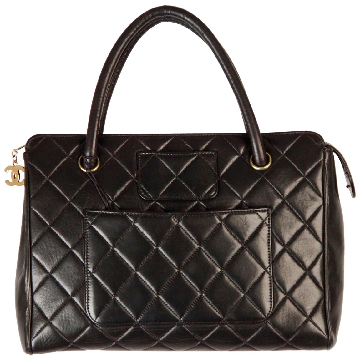 Chanel Vintage Black Quilted Handbag Satchel with Exterior Pockets
