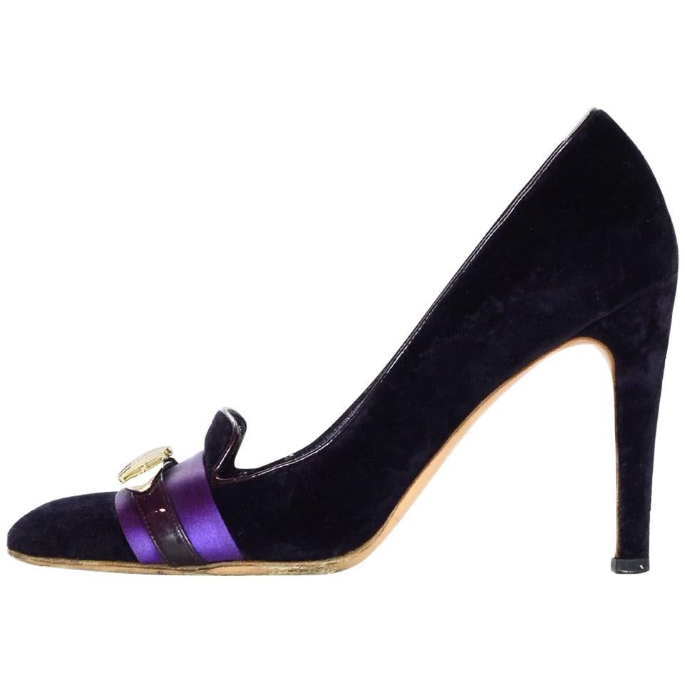 Gucci Purple Velvet Heels W/ Goldtone Buckle Sz 9.5