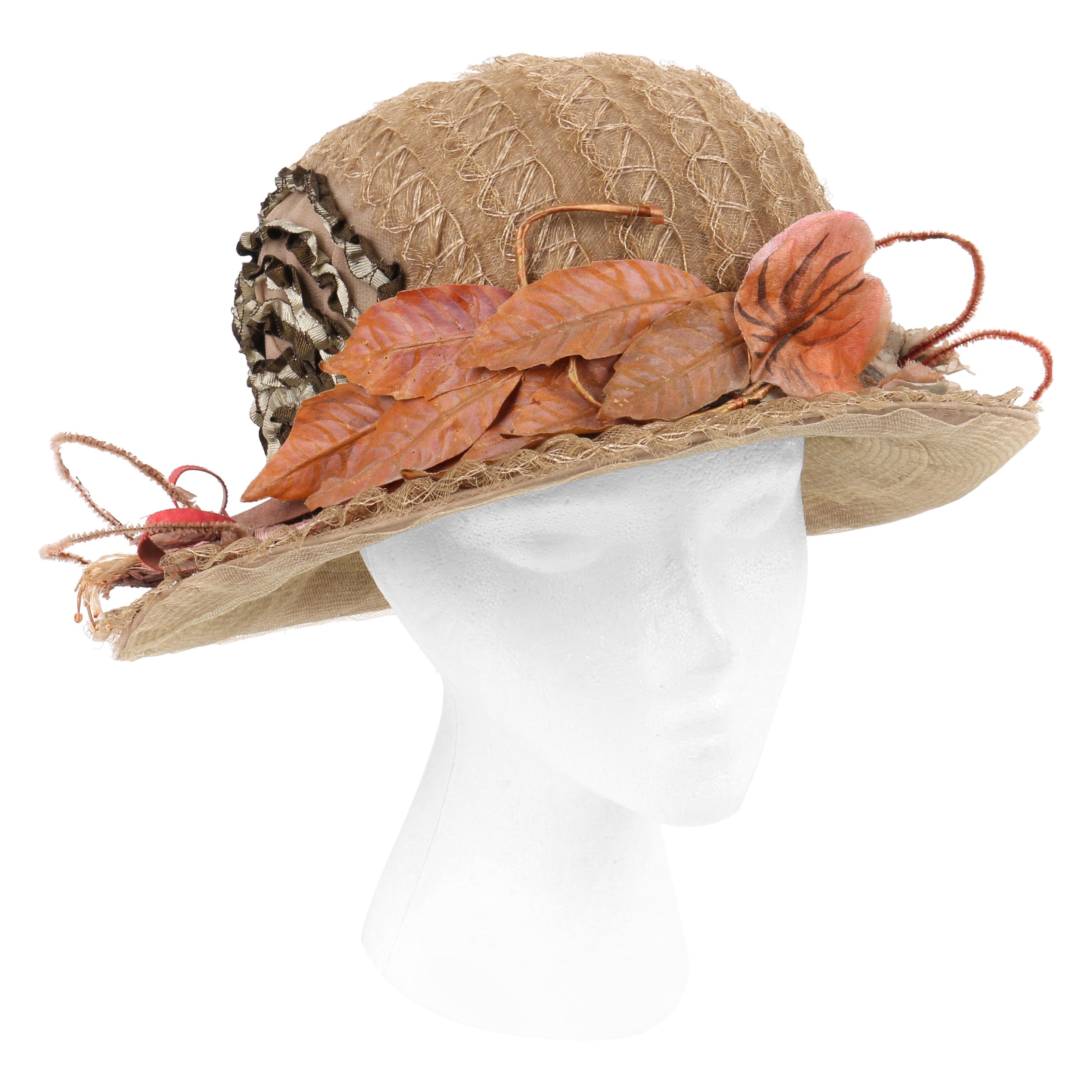 EDWARDIAN c.1900's Beige Scalloped Horsehair Floral Autumn Leaf Afternoon Hat 