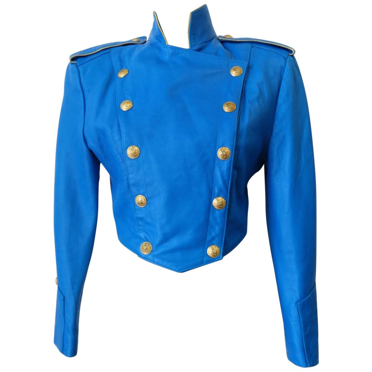 1980s Michael Hoban Blue Leather Military Style Jacket