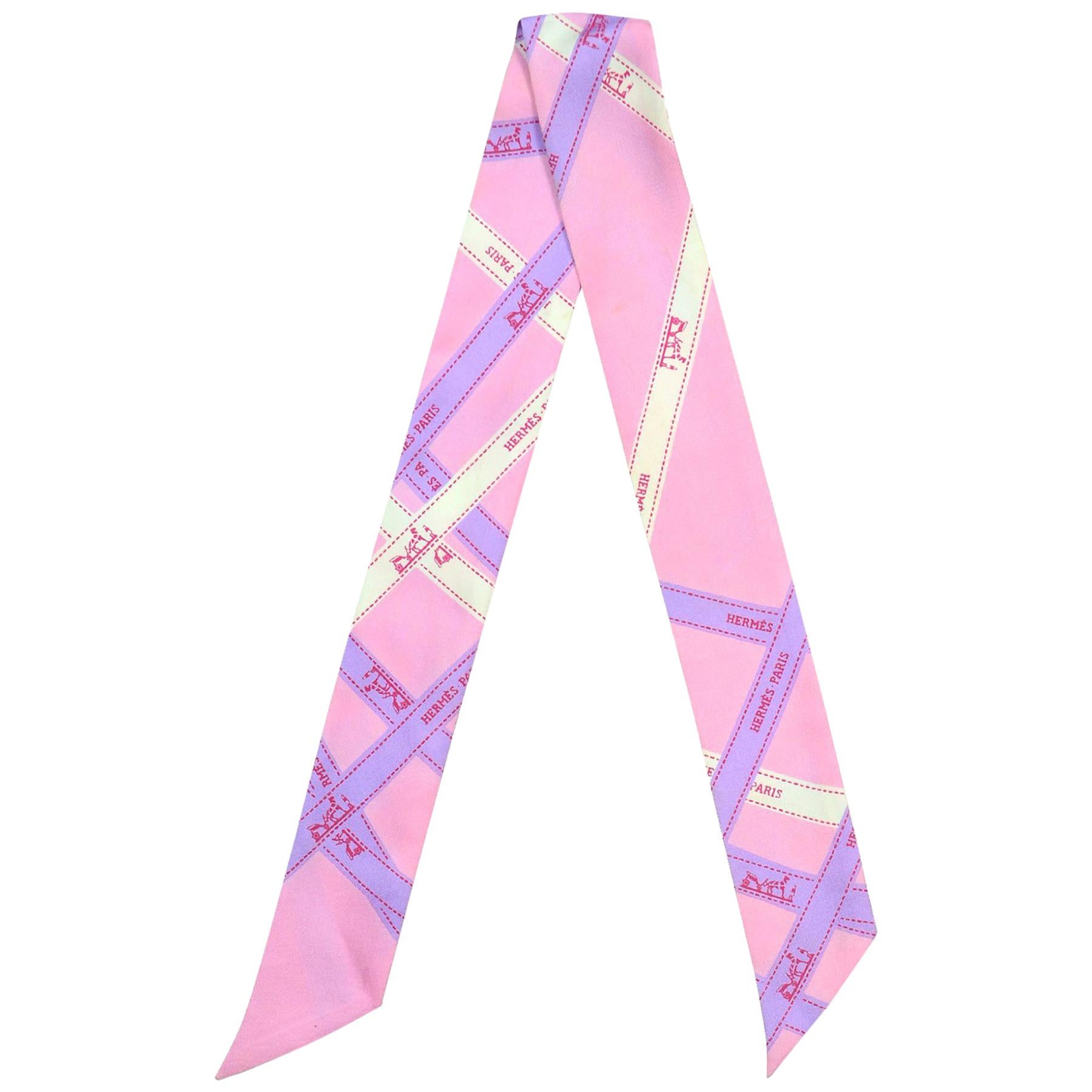 Hermes Pink/Purple Ribbon Logo Print Silk Twilly