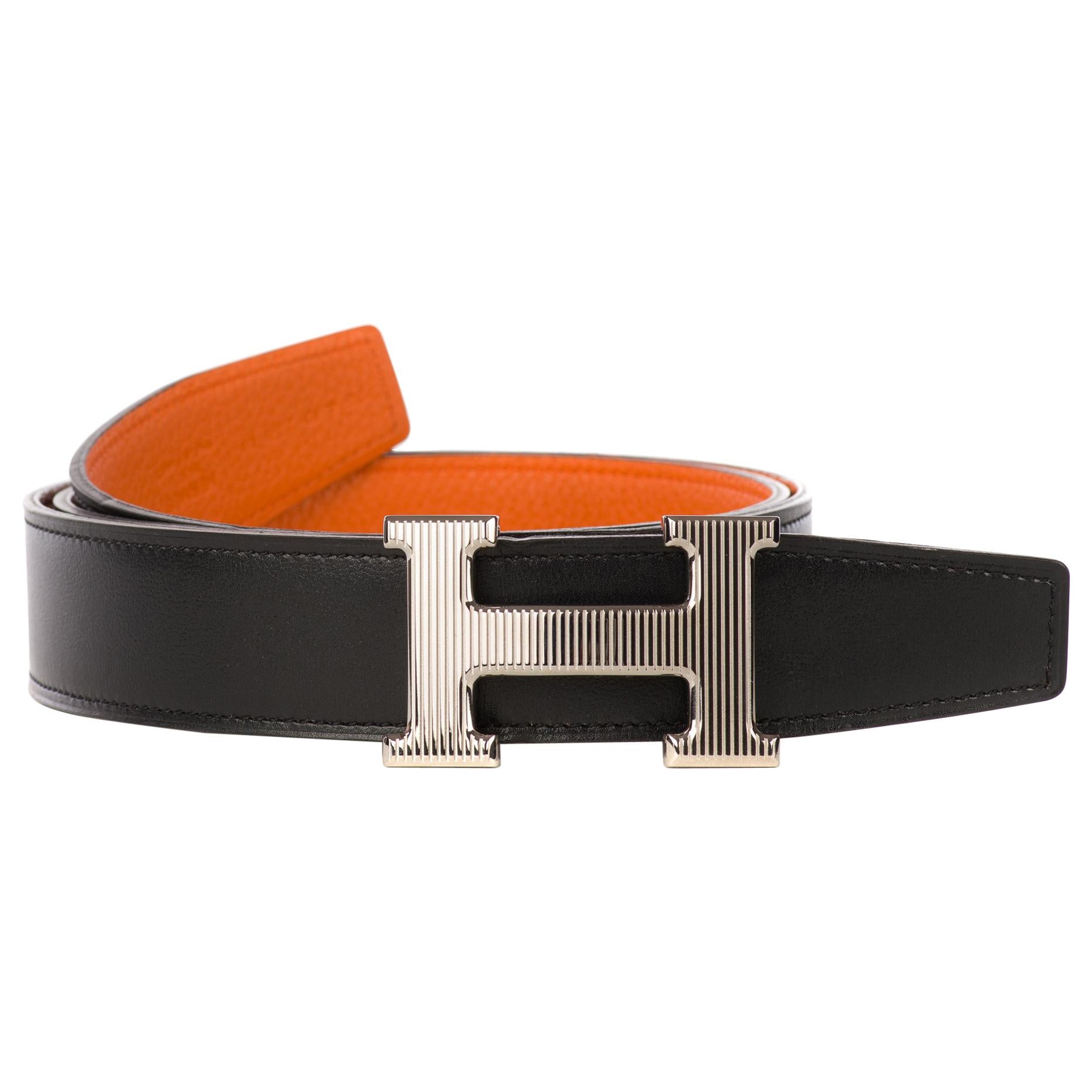 Hermès Belt for men Reverso Togo orange/ black Box, size 90, " Calandre" buckle!