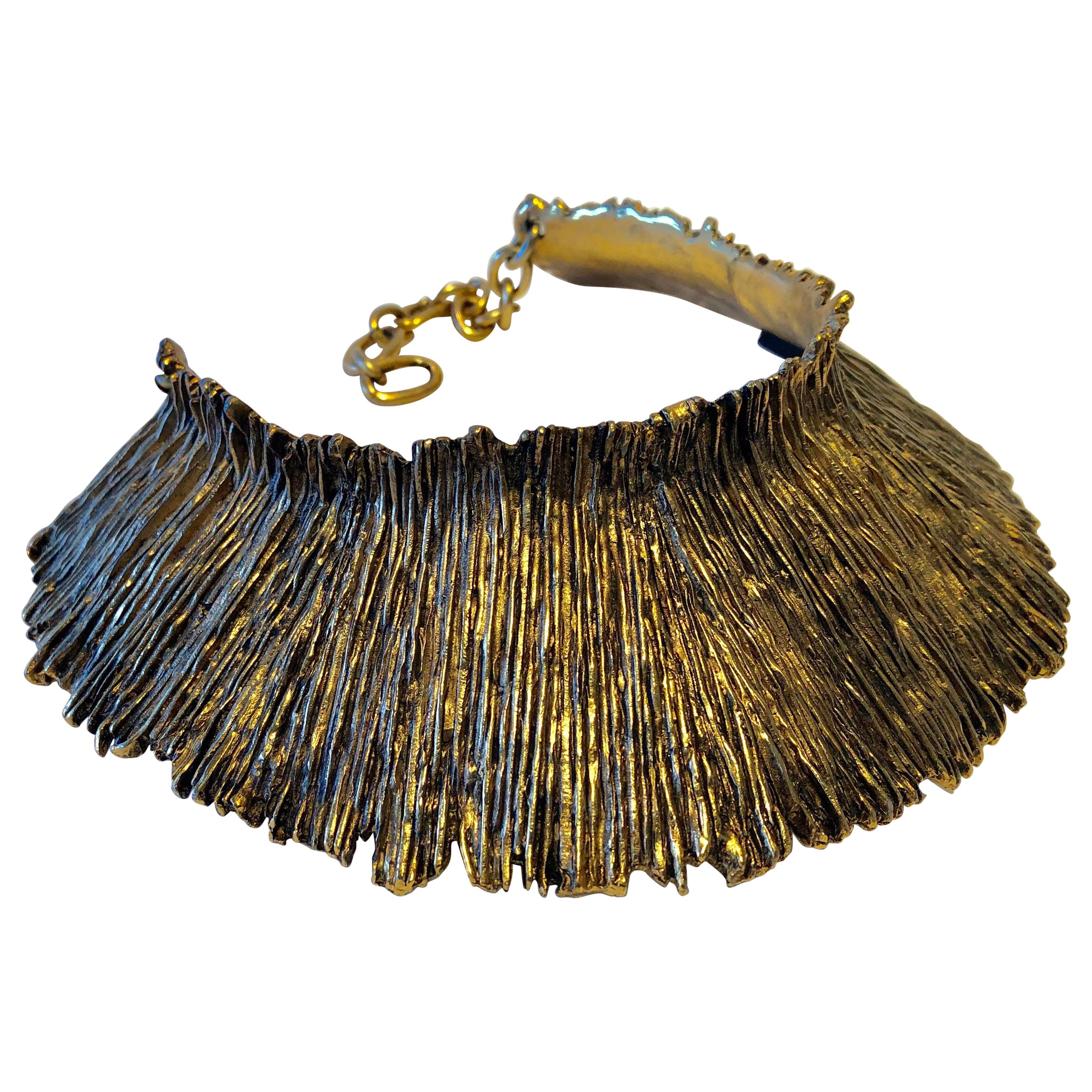 French Brutalist Style Gilt Textured Statement Necklace 