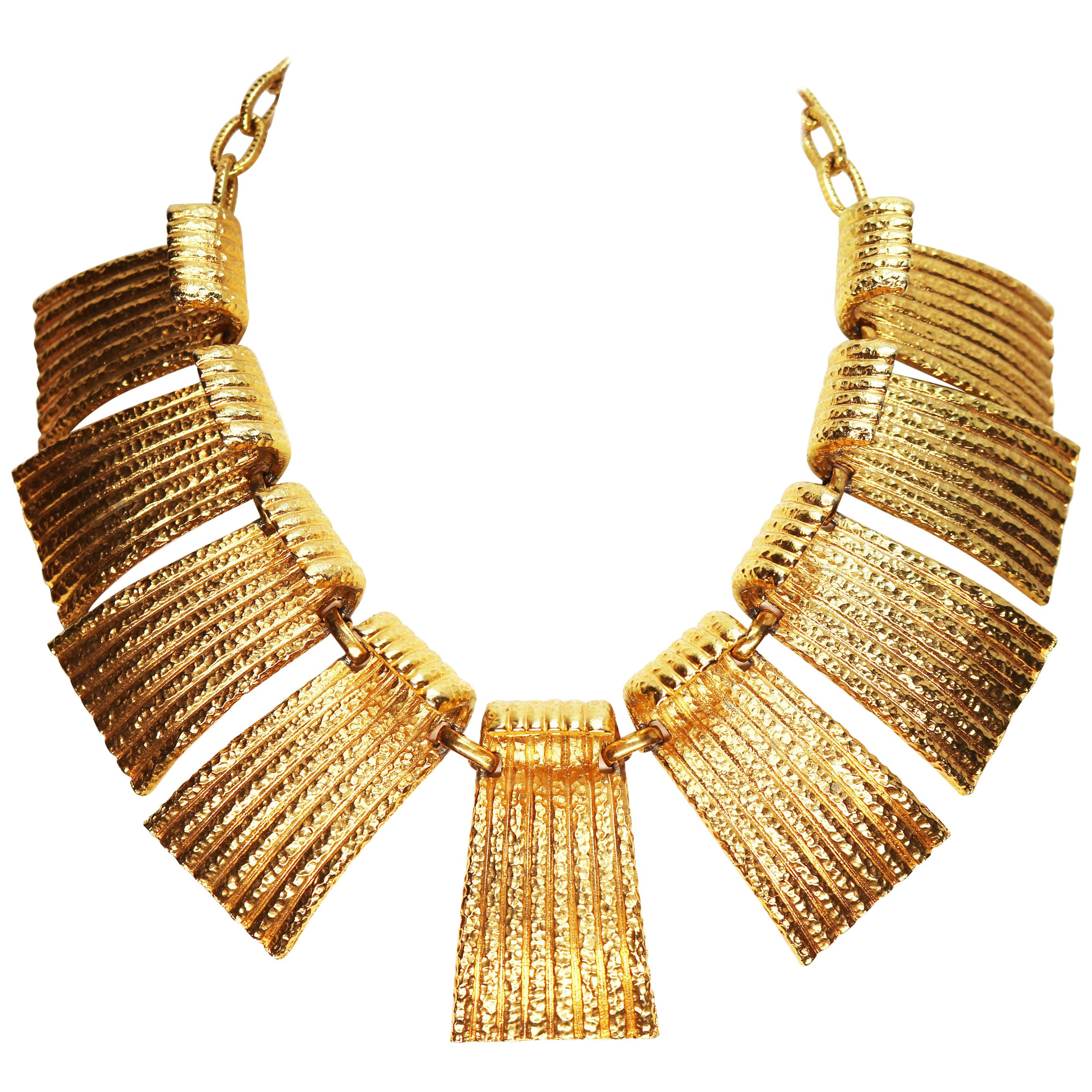 Vendome Egyptian Revival Hammered Gold Runway Statement Necklace For Sale