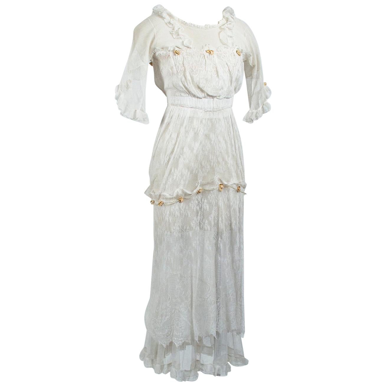 Robe de thé ou de mariée en filet blanc édouardien à boutons de rose - XXS, début des années 1900 en vente