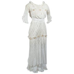 White Edwardian Net Rosebud Afternoon Tea or Bridal Gown - XXS, Early 1900s