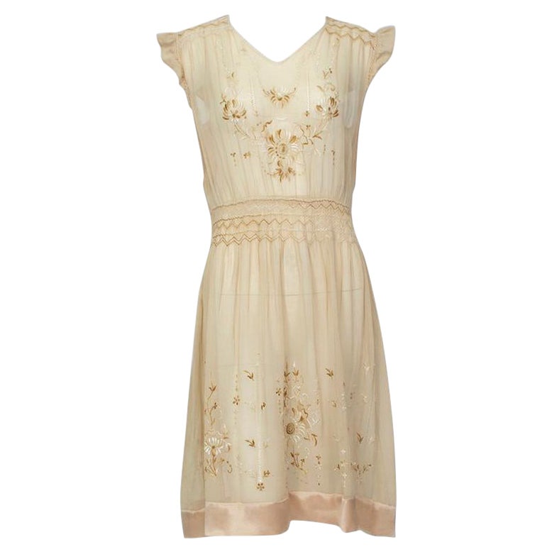 Edwardian Nude Sheer Embroidered Voile and Satin Chemise Dress - M ...