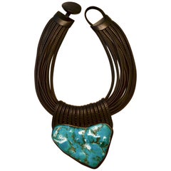 Monies Chrysocolla Stone, Ebony Wood, and Leather One of a Kind Choker Necklace