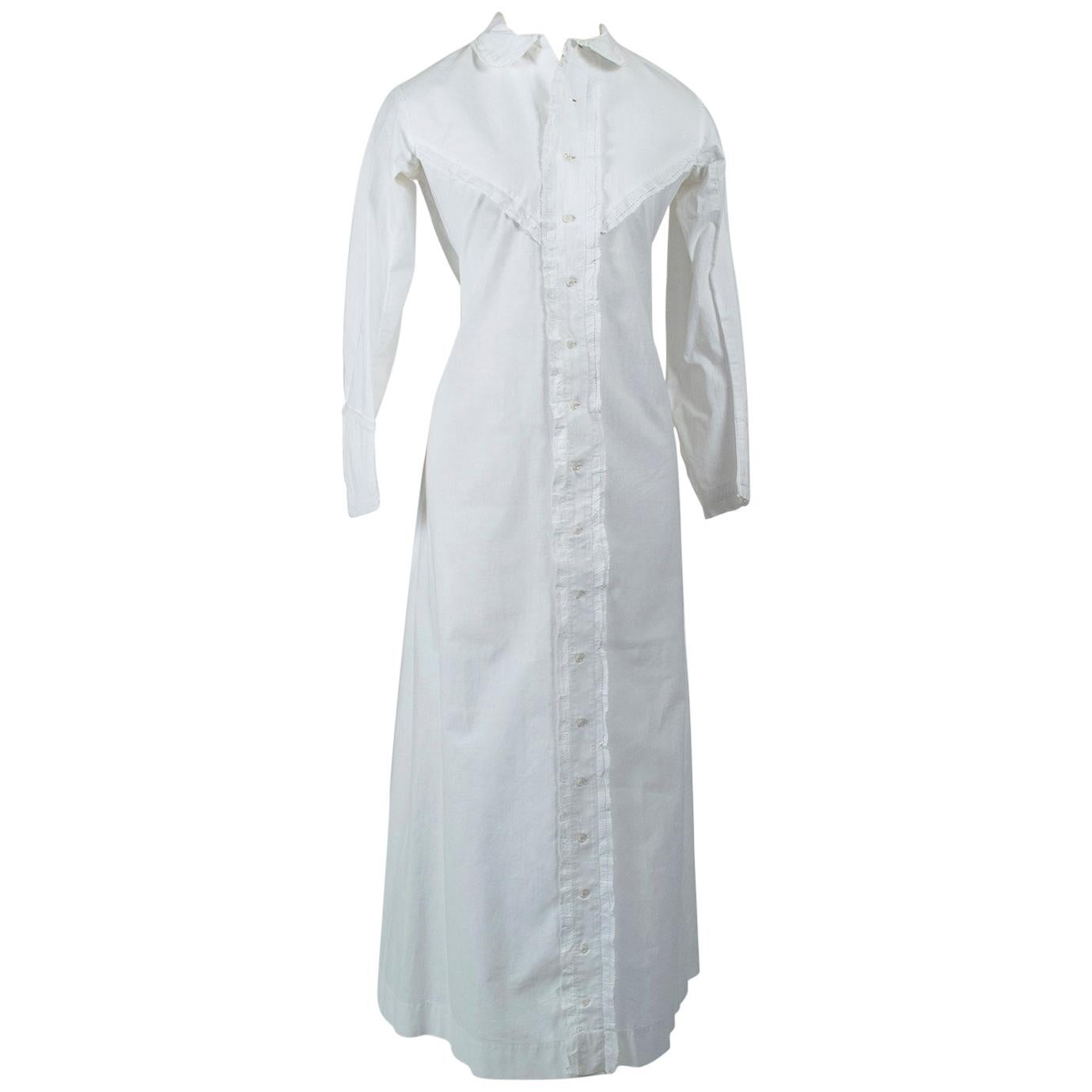 Original Civil War White Western Prairie Homesteader Shirtwaist Dress -XS, 1860s For Sale