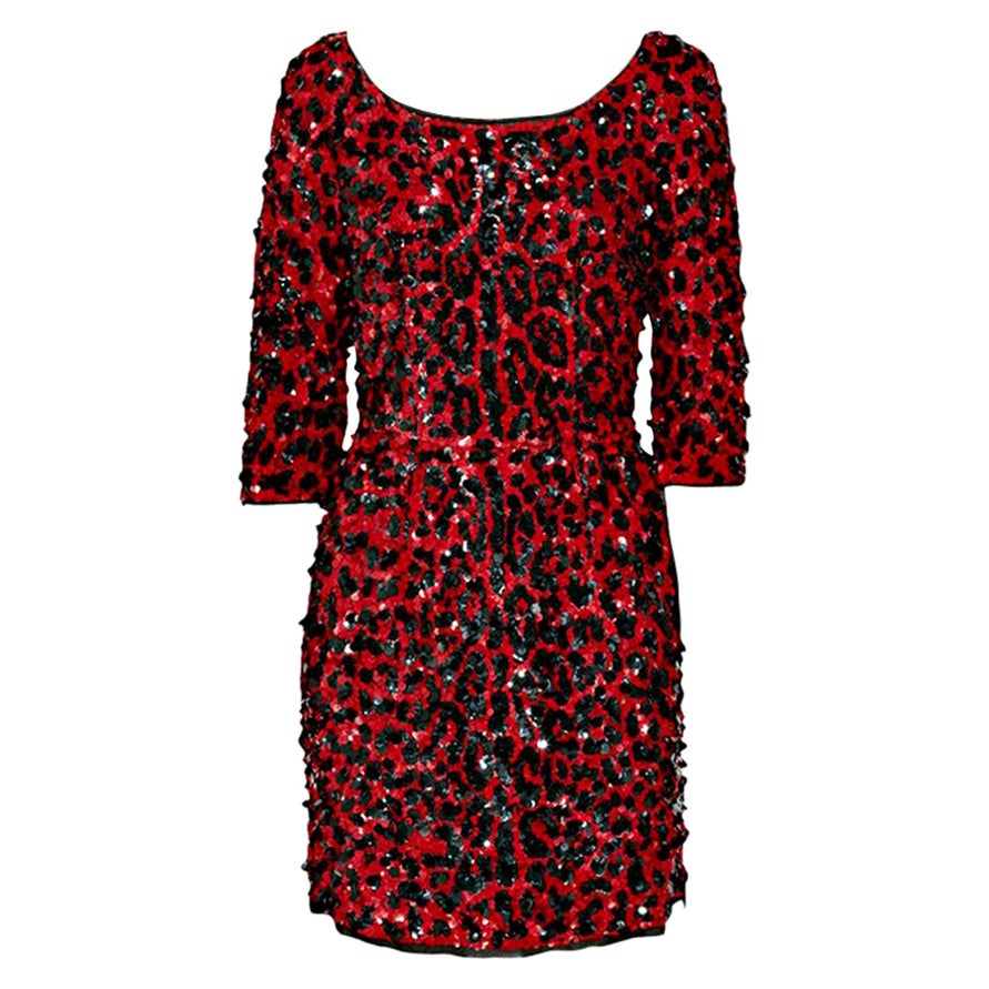 NEW DOLCE & GABBANA RED SEQUINED SILK LEOPARD PRINT DRESS Size 40