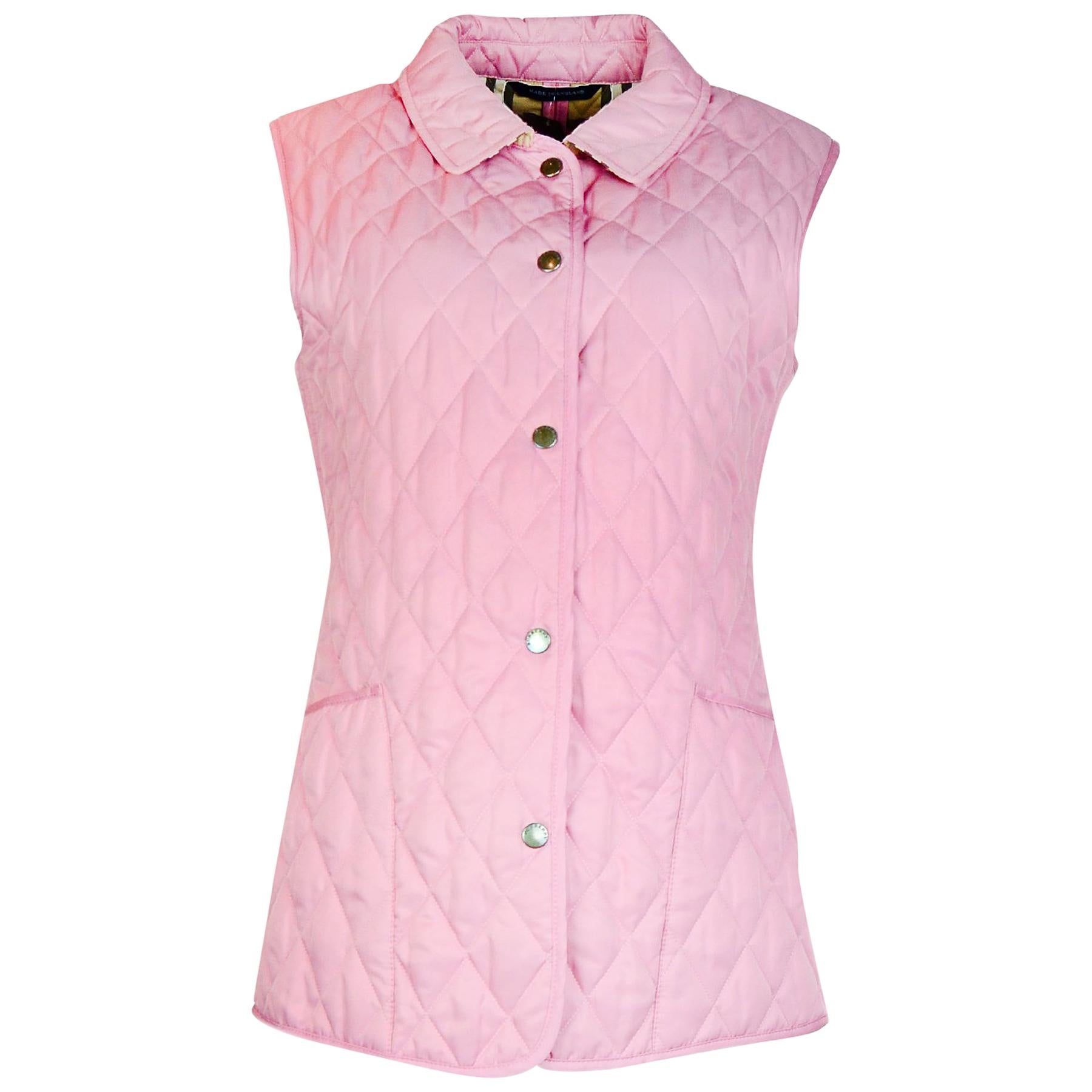 Burberry Pink Quilted Vest W/ Tartan/Plaid Interior Sz M