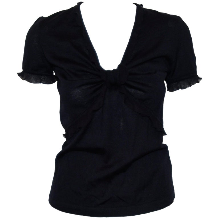 Valentino Short Sleeve V Neck Black Wool Silk Blend Top For Sale at 1stDibs