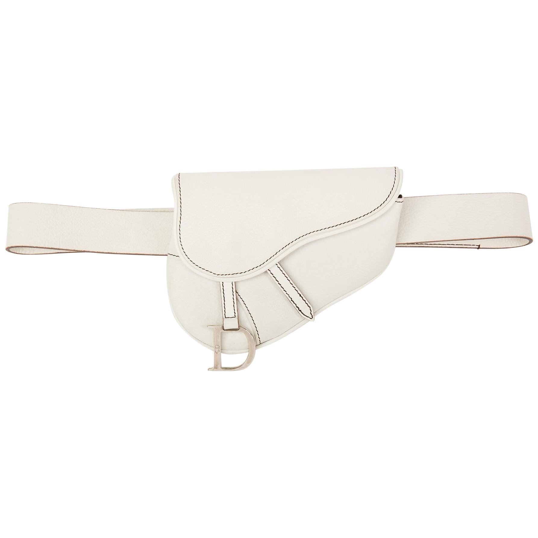 2002 Christian Dior White Calfskin Leather Saddle Belt Bag