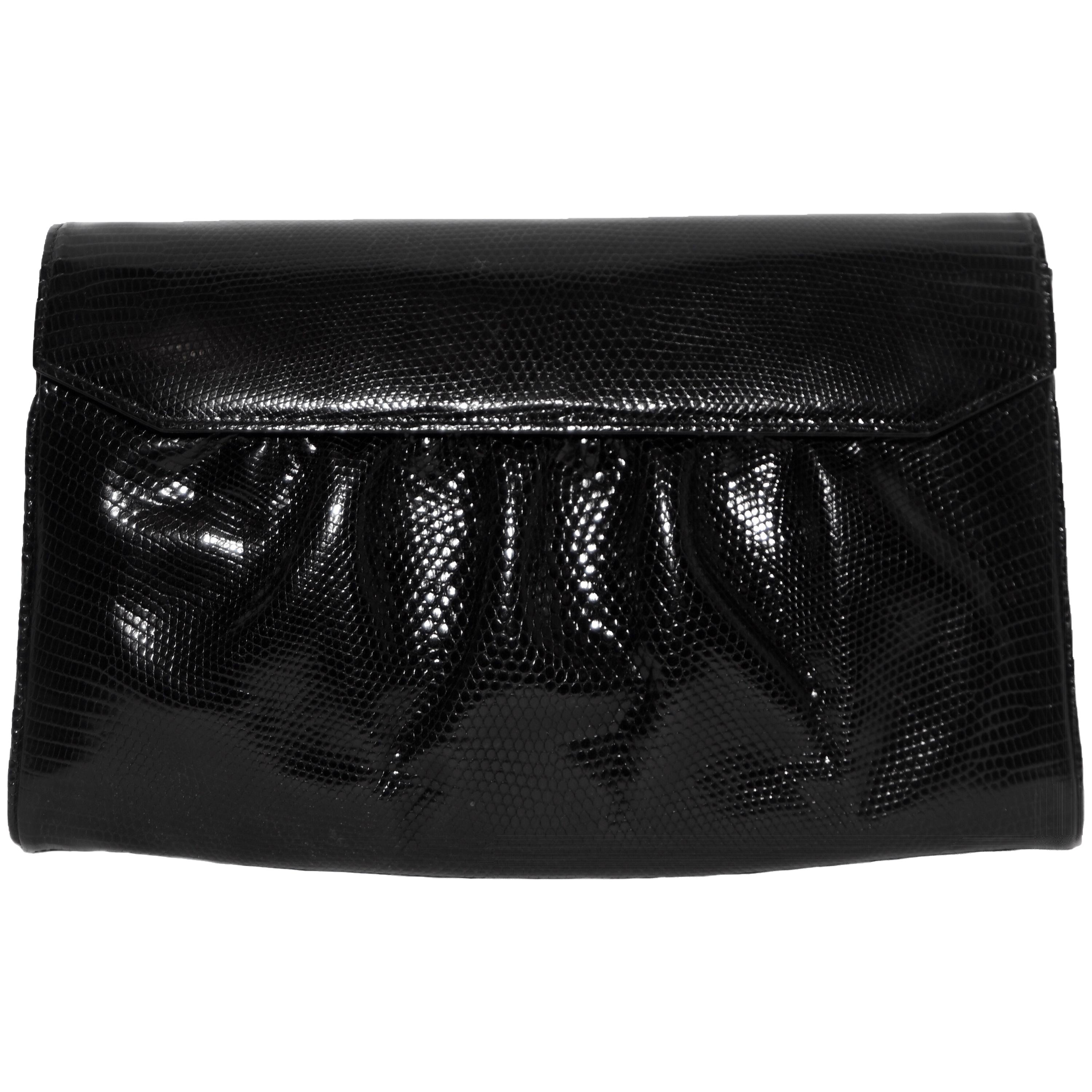 Gucci Black Embossed Leather Envelope Accordion Clutch Bag 