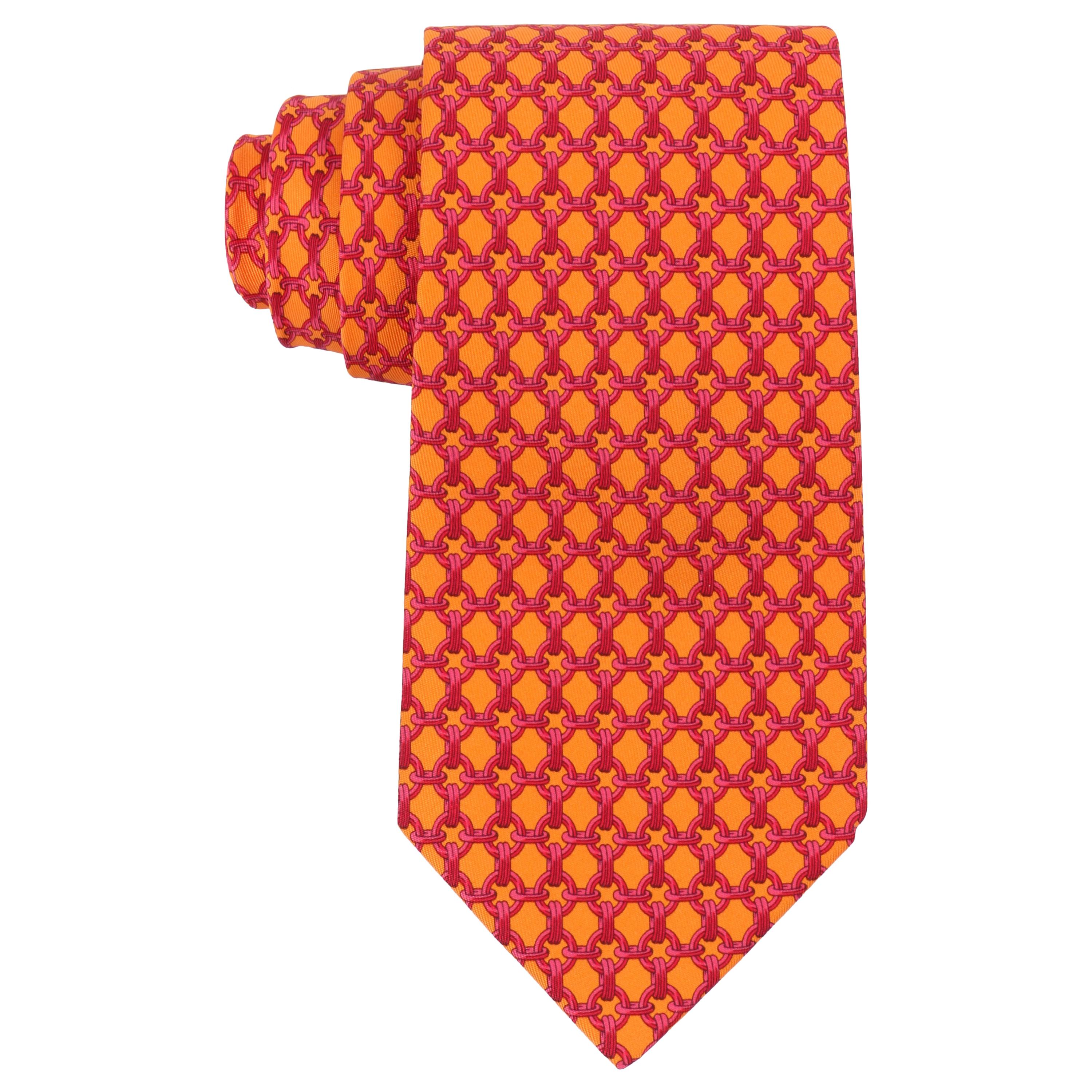 HERMES Orange & Fuchsia Pink Chain Link Print 5 Fold Silk Necktie Tie 59 EA