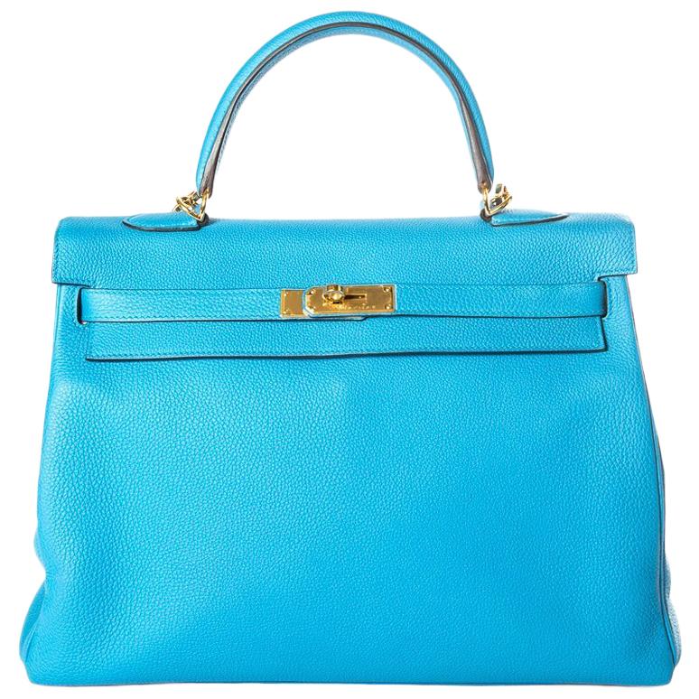 Hermes 35 cm Blue Izmir Kelly Bag Clemence leather For Sale