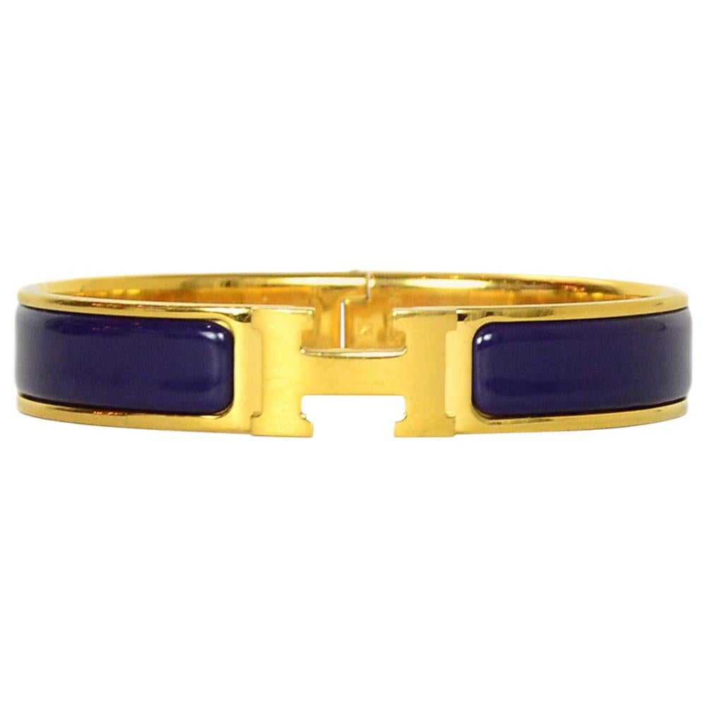 Hermes Purple Enamel/Goldtone Narrow H Clic Clac Bracelet GM W/ DB