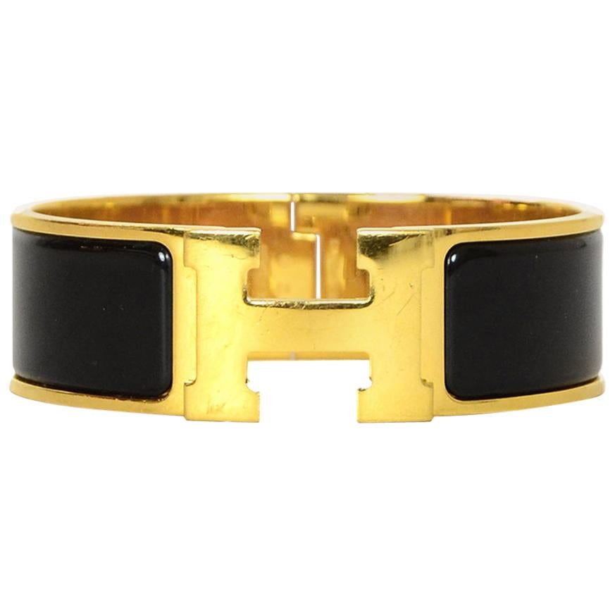 Hermes Black Enamel/Goldtone Wide H Clic Clac GM Bracelet For Sale at  1stDibs
