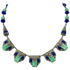 Egyptian Revival Czech Blue and Green Glass Necklace, Circa 1920's