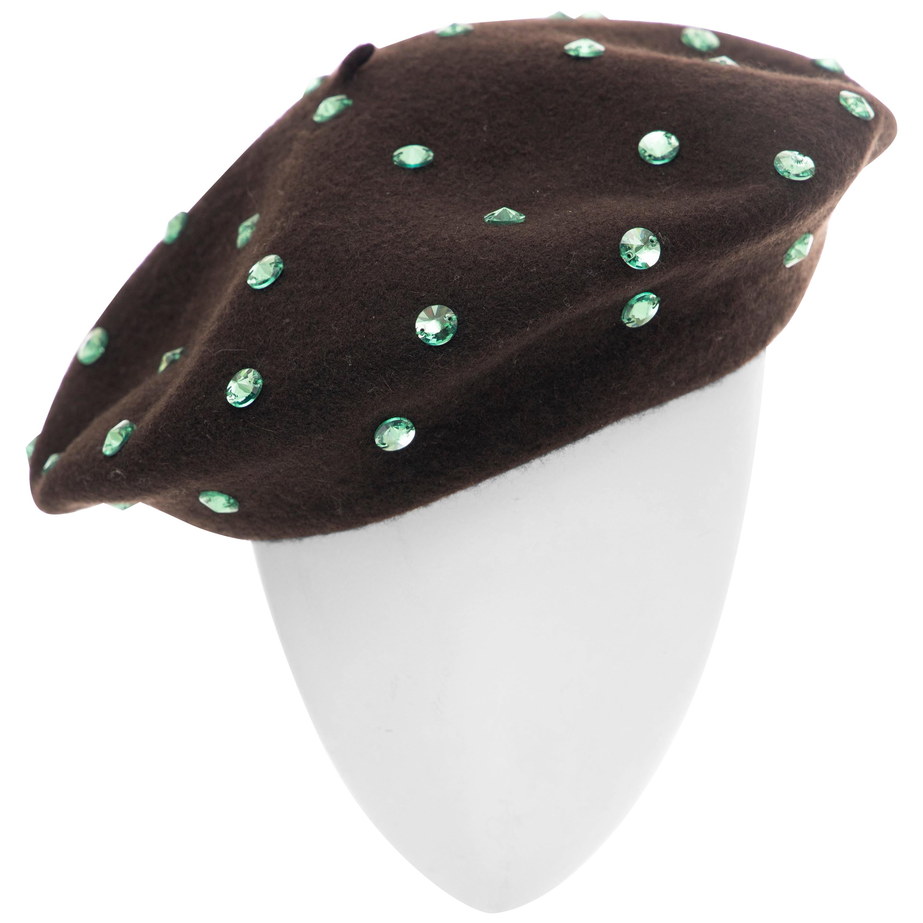 Dolce & Gabbana Wool Chocolate Brown Turquoise Cut Crystals Beret, Fall 2000